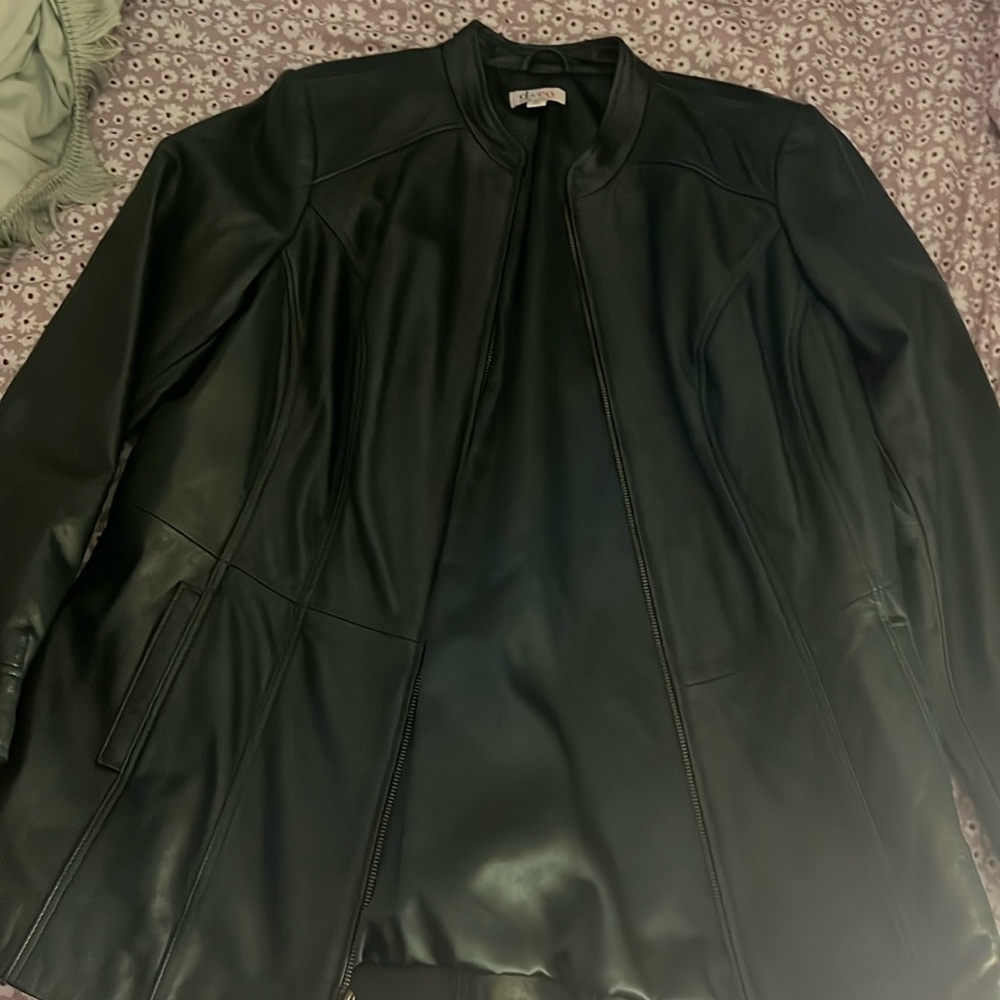 dark green leather jacket with shoulder pads